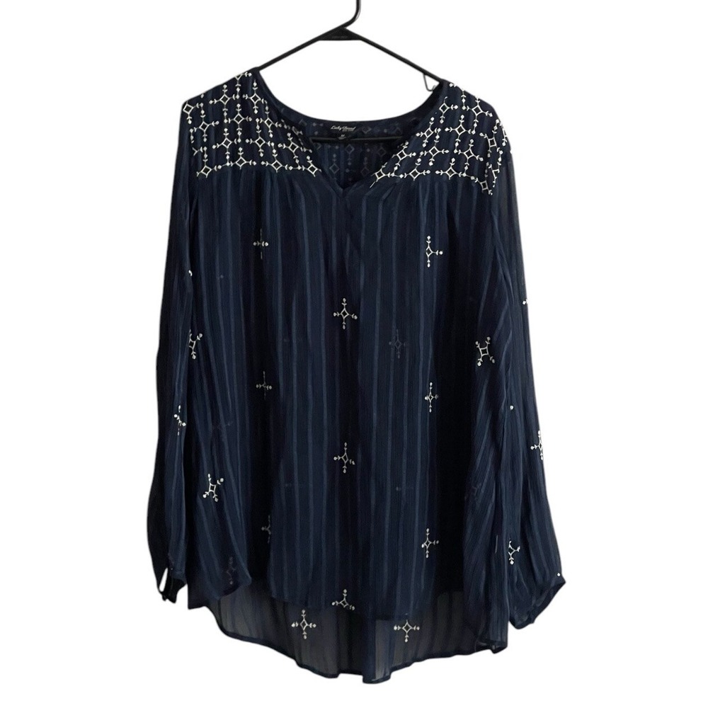 Lucky Brand Top Women's Med Navy Blue Sheer Flowy Oversized Nautical Embroidered